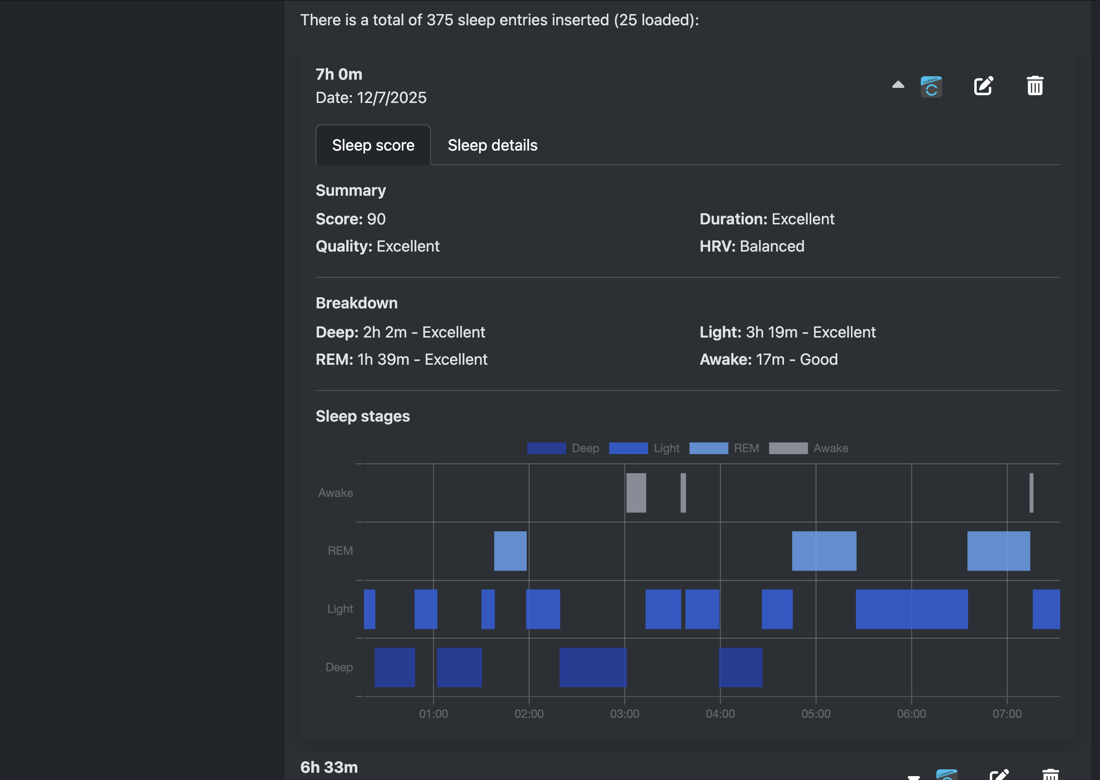 Health sleep details page
