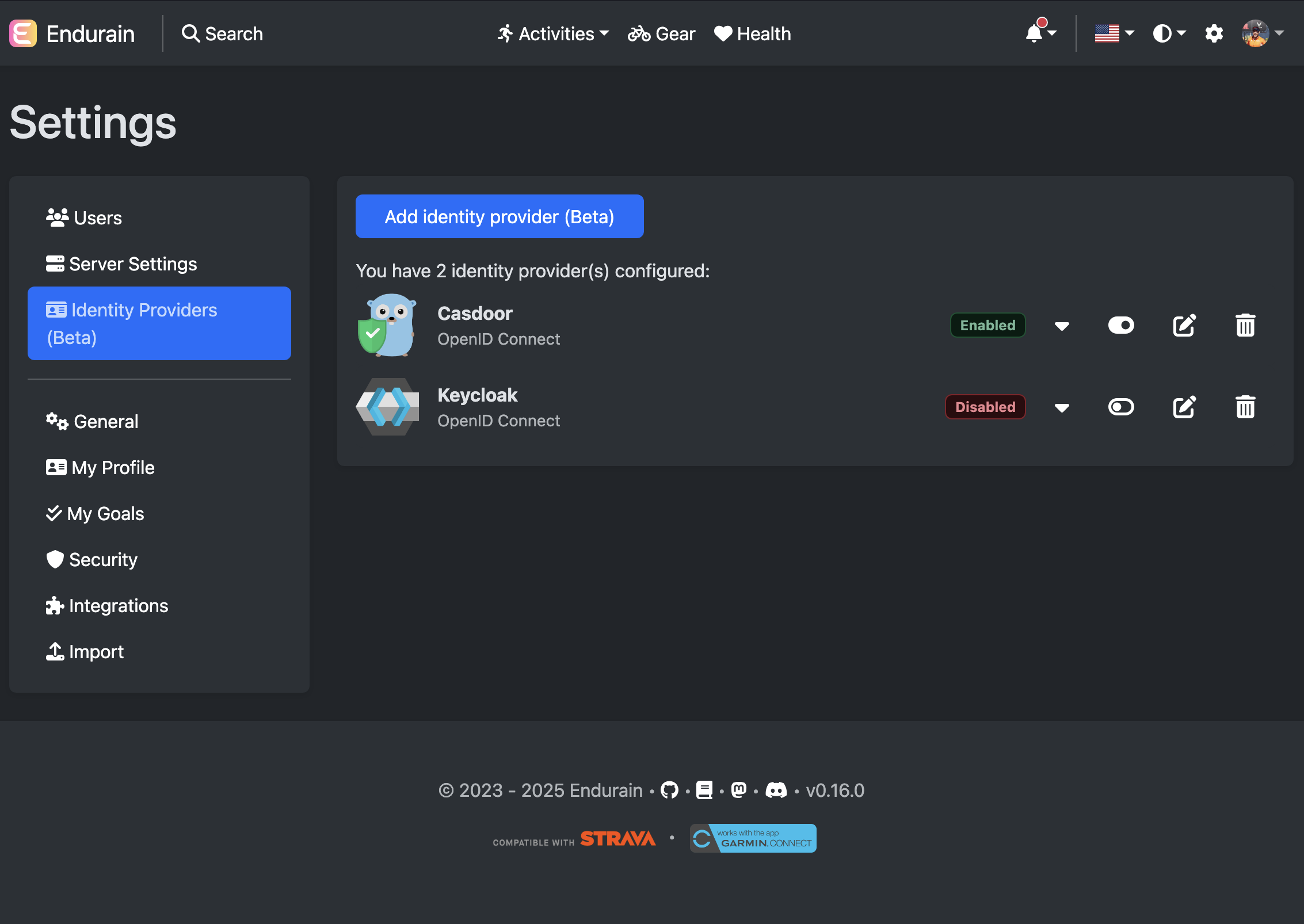 Identity providers page