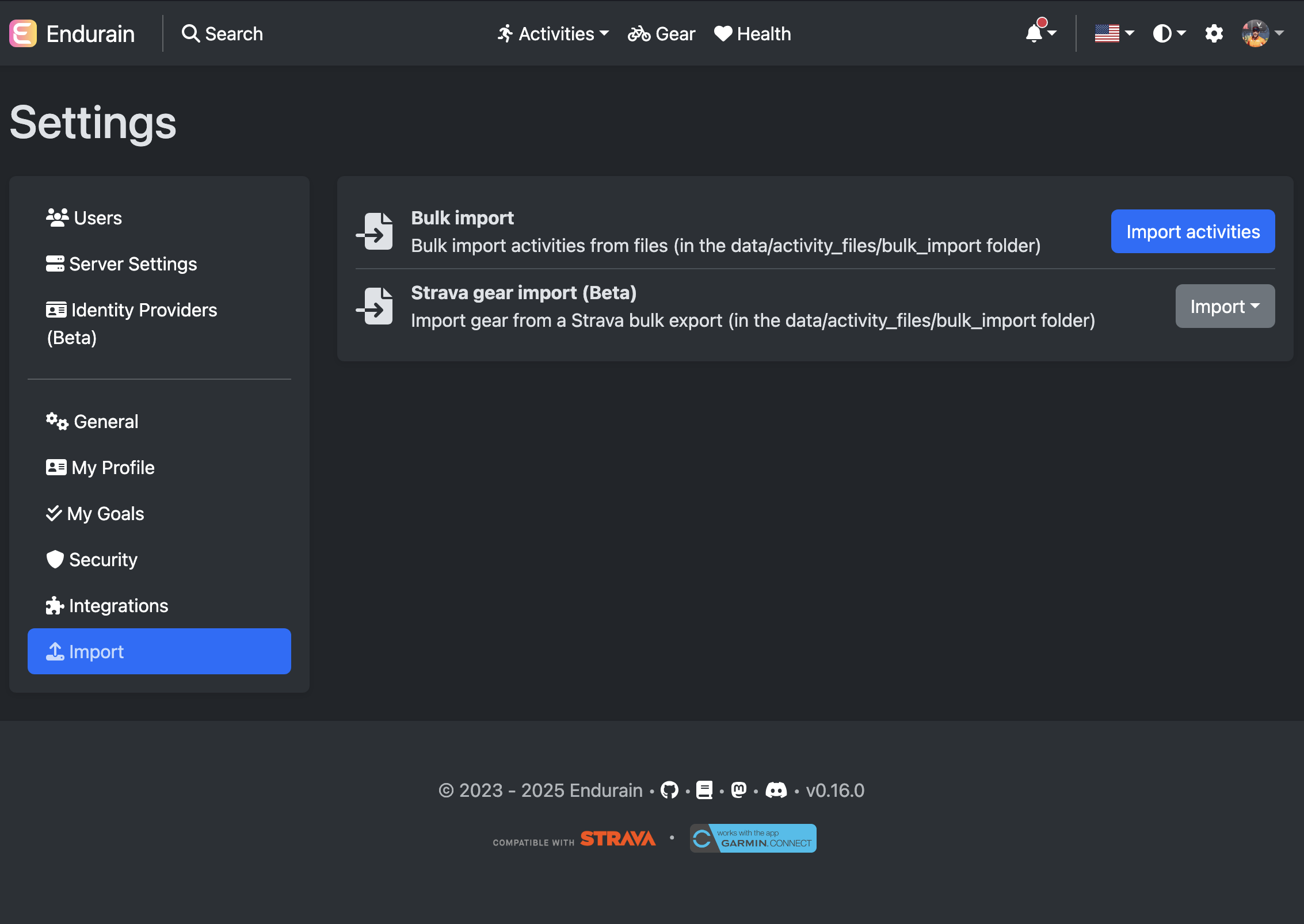 Settings import page