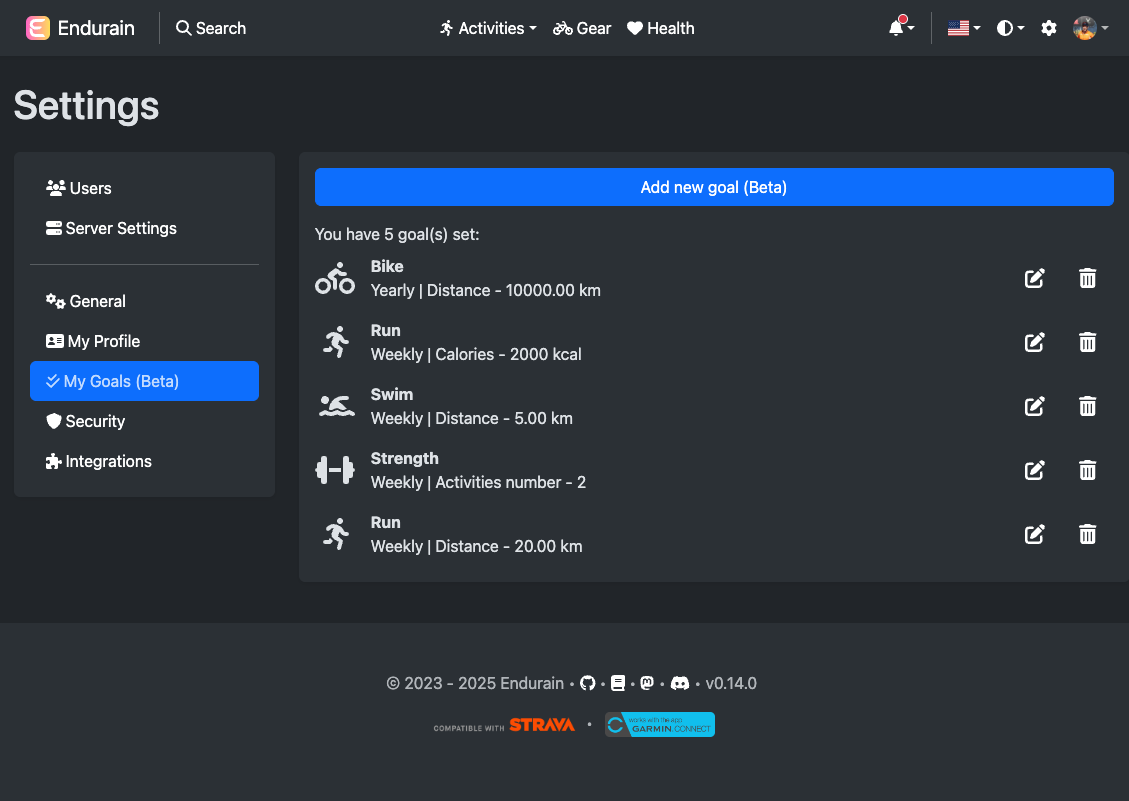 Settings my goals page