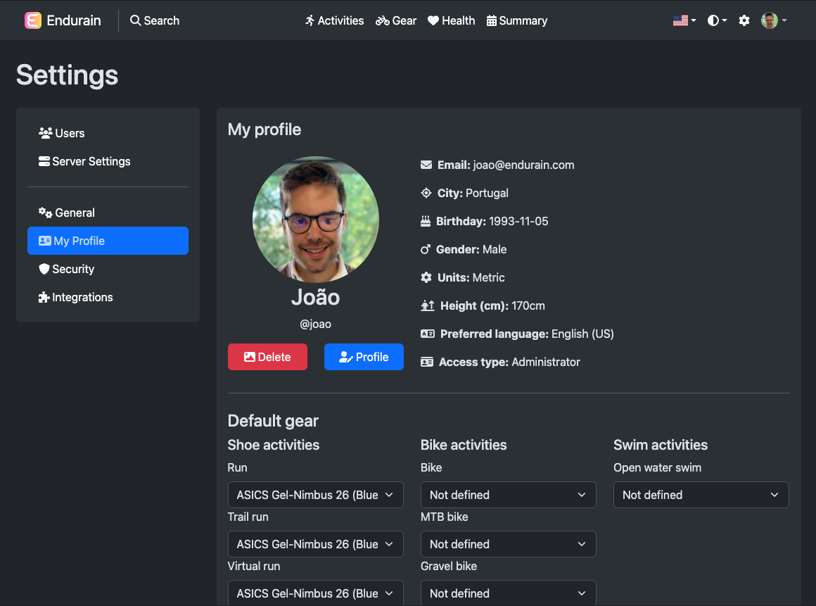Settings profile page 1