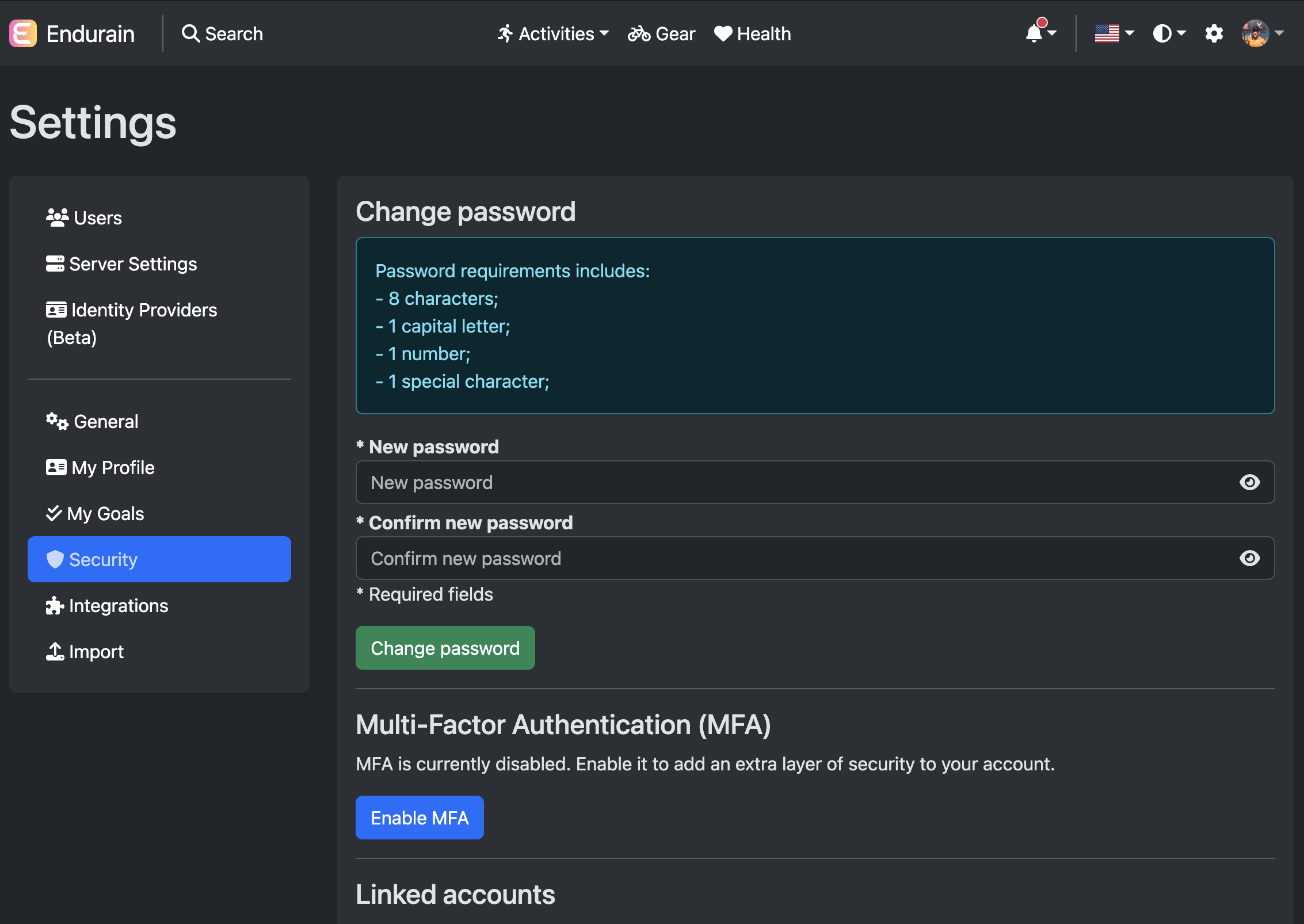 Settings security page 1